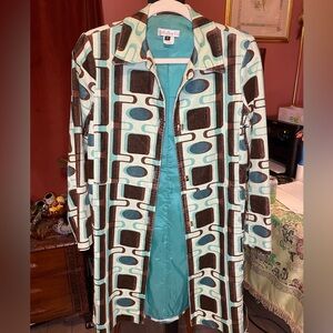 Vintage 90s y2k blue corduroy geometric mod print midi jacket. Size 2.